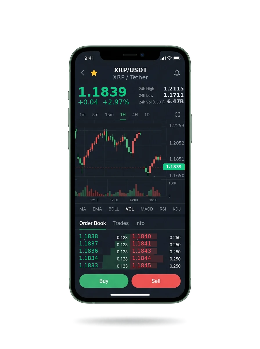 The Olymp Capital mobile app showing a watchlist, a signal card and an account balance